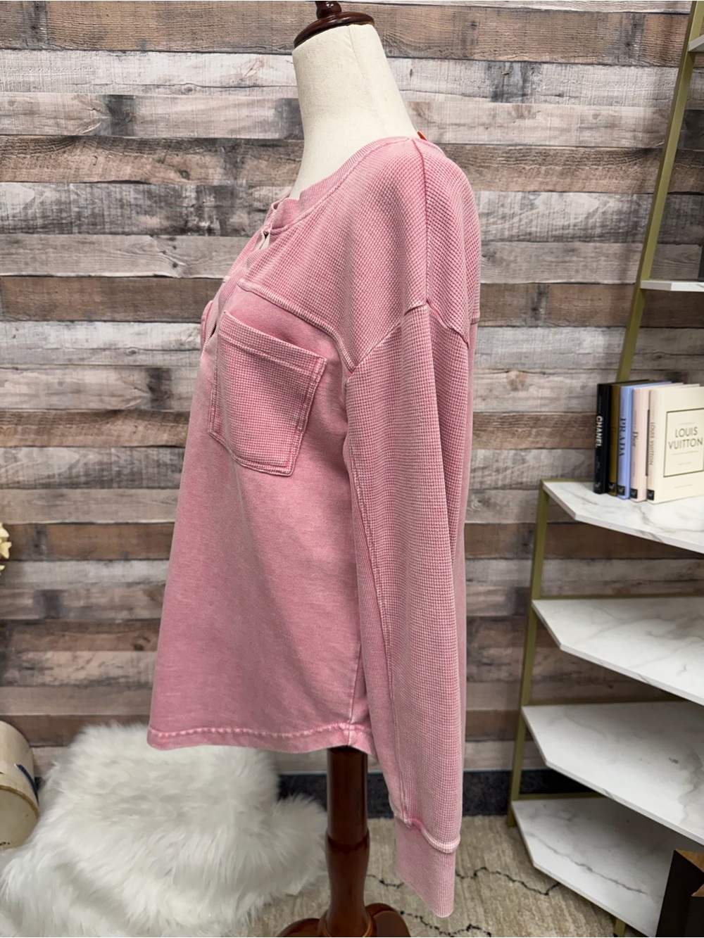 Jane + Delancey pink waffle knit Henley top with distressed details - Picture 3 of 5